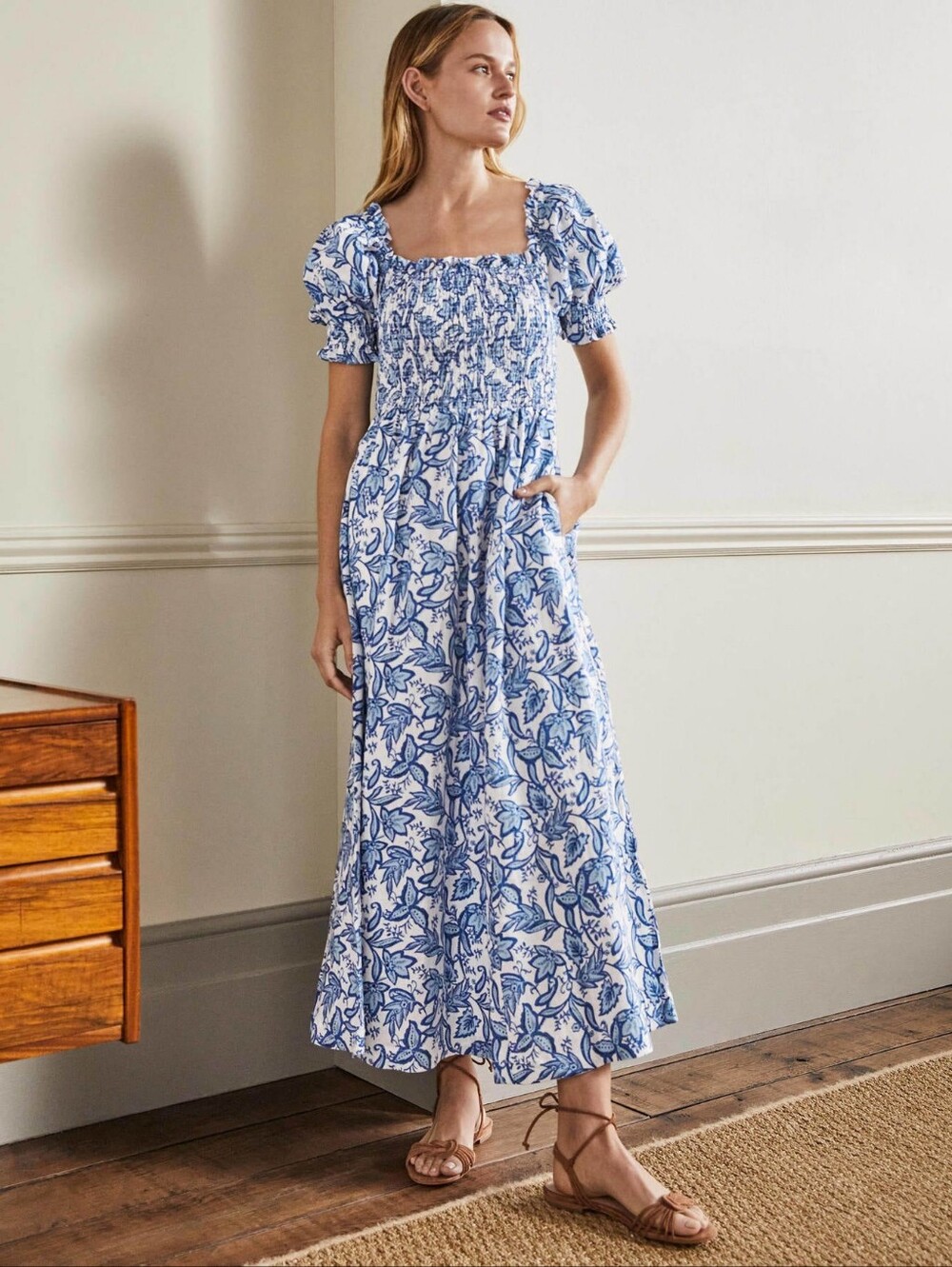 Boden Linen Blue and White Floral Maxi Dress